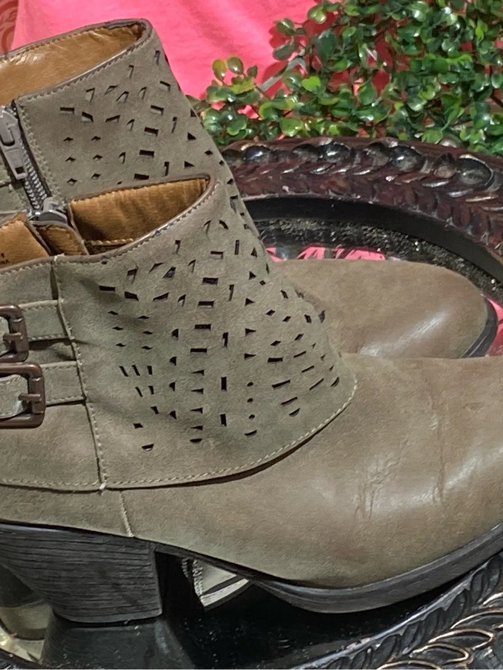 Women's Taupe Ankle Booties with Cutout Detail